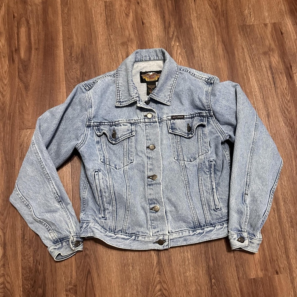 Vintage Harley-Davidson Jacket Womens Small Denim Patch Motorcycle Cropped Fit